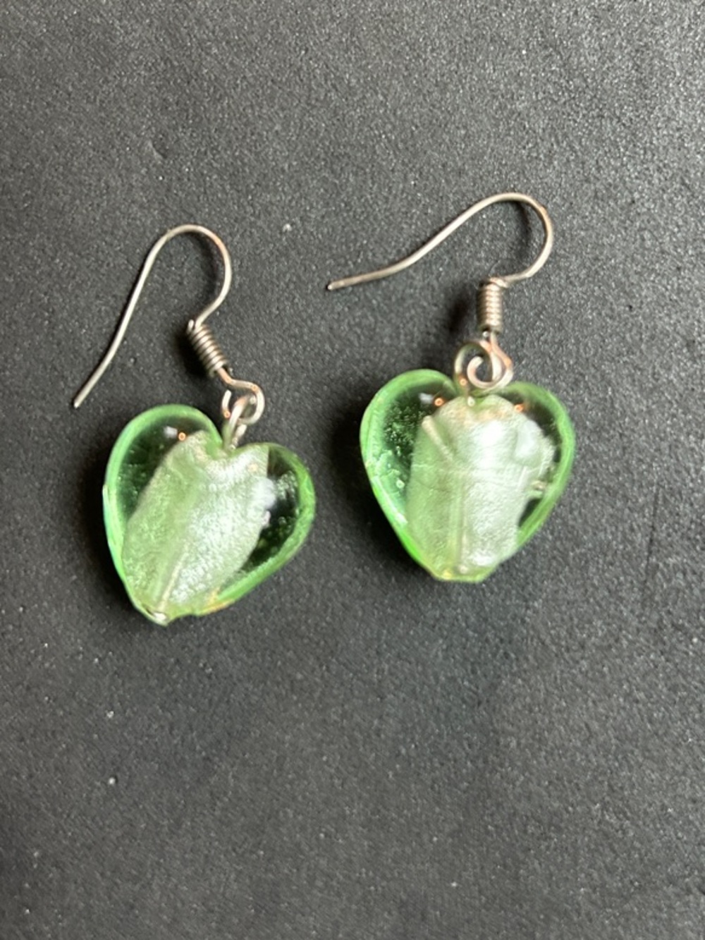 Handmade Green Heart Glass Dangle Earrings